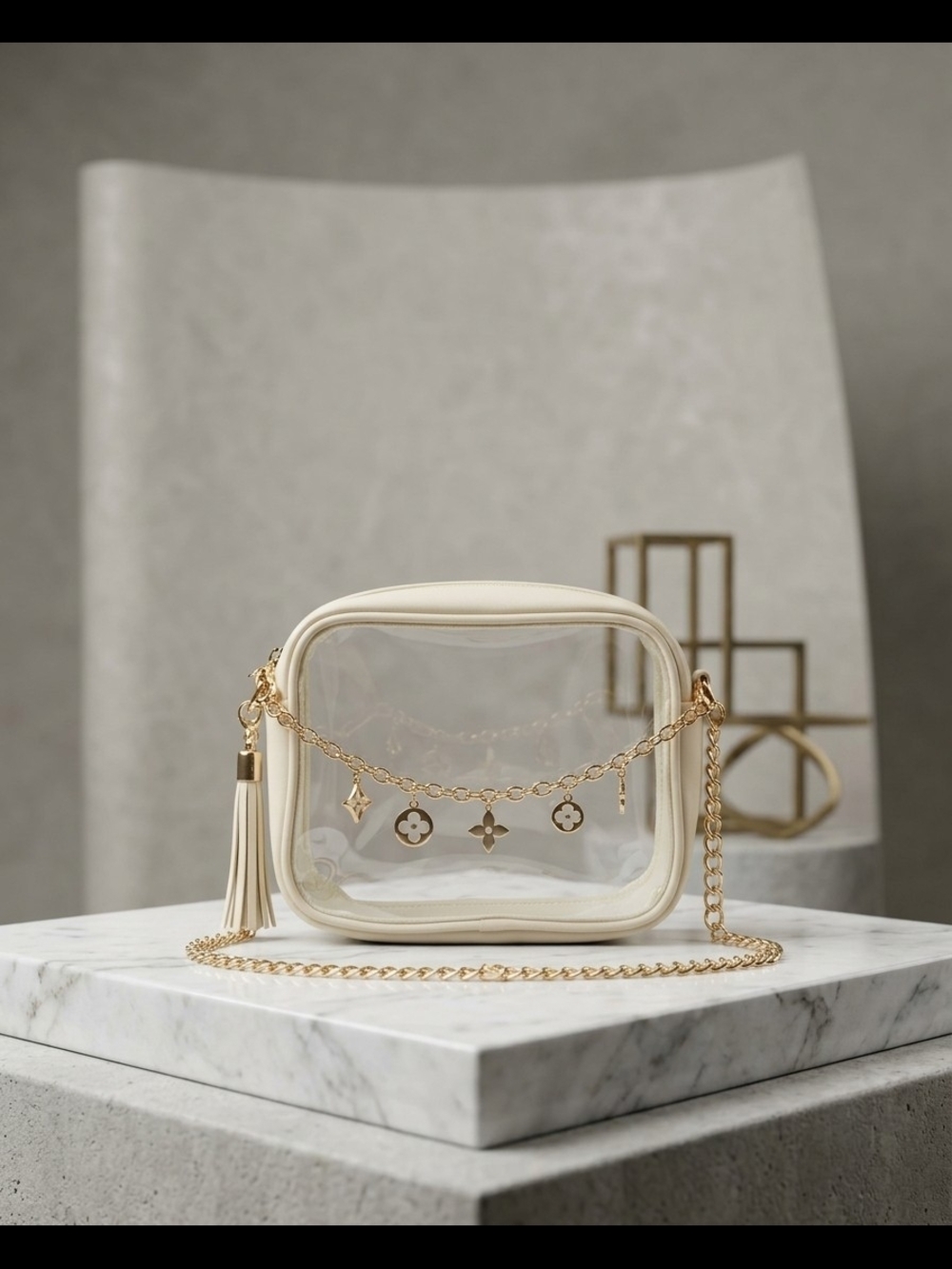 Cream Clear Crossbody Bag with Gold Chain and Tassel